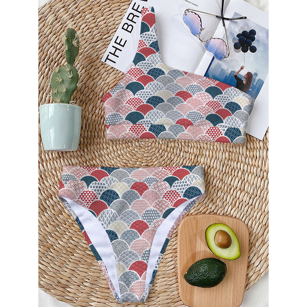 Japanese Geometric Pattern Print One Shoulder Bikini Top