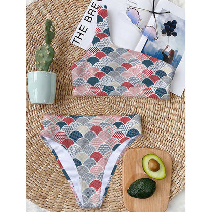 Japanese Geometric Pattern Print One Shoulder Bikini Top