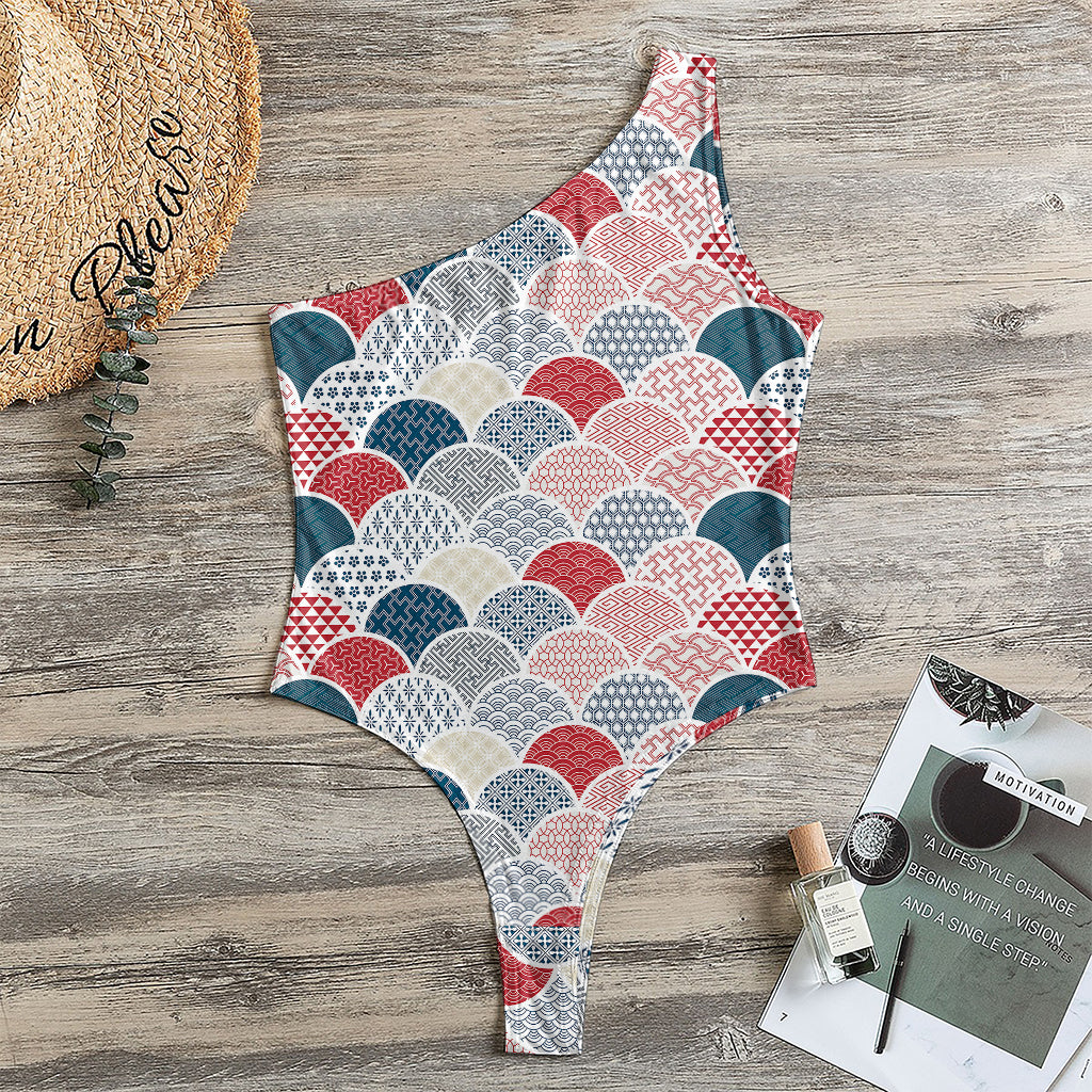 Japanese Geometric Pattern Print One Shoulder Bodysuit