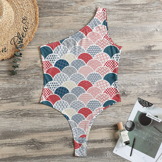 Japanese Geometric Pattern Print One Shoulder Bodysuit