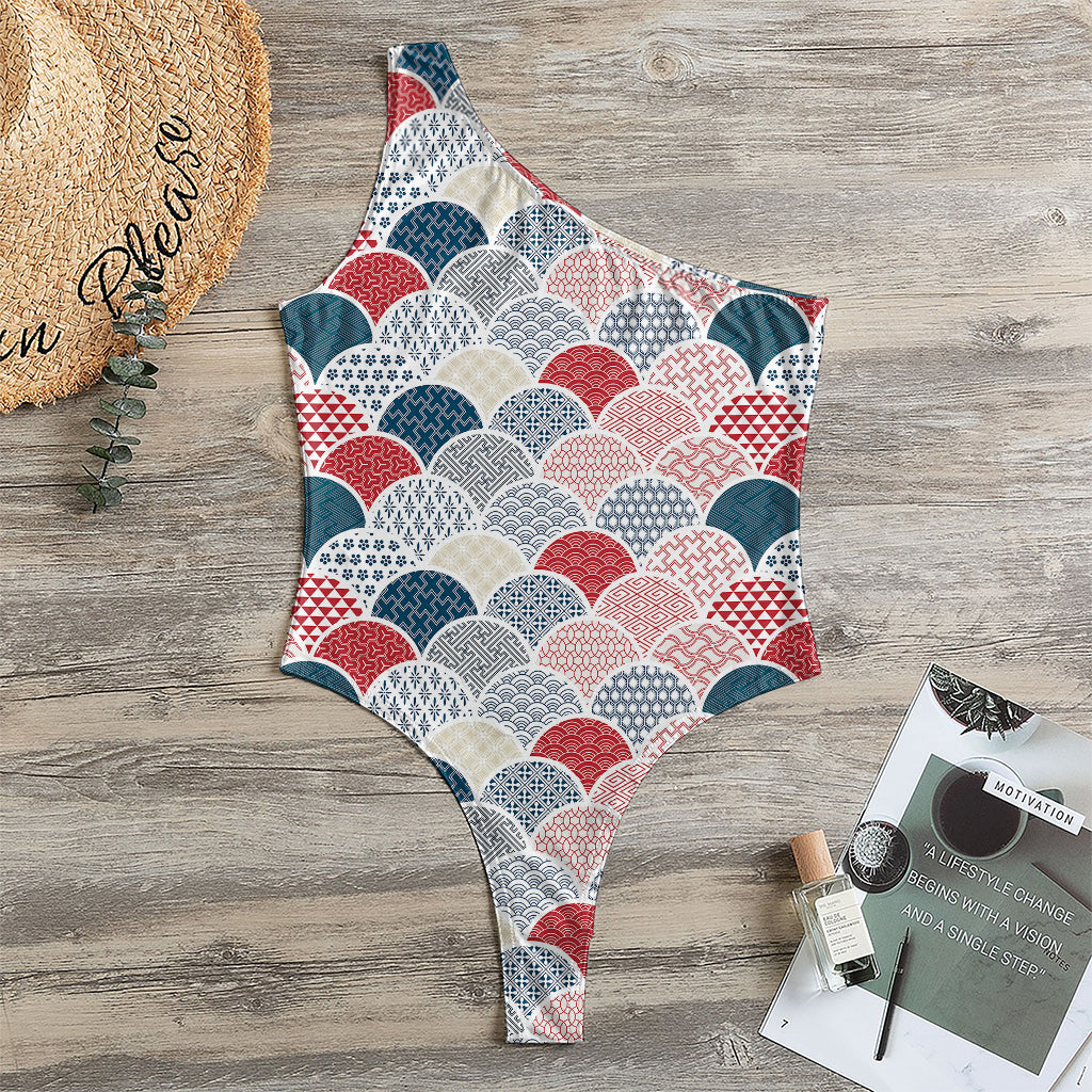 Japanese Geometric Pattern Print One Shoulder Bodysuit
