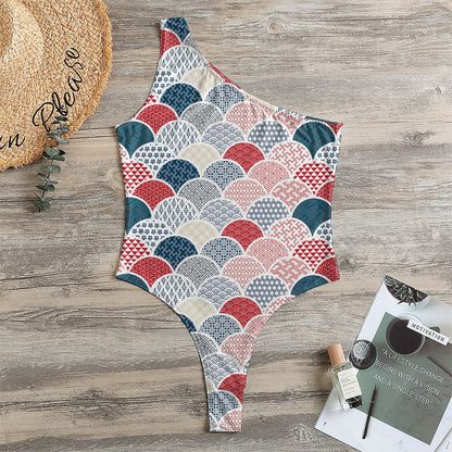 Japanese Geometric Pattern Print One Shoulder Bodysuit