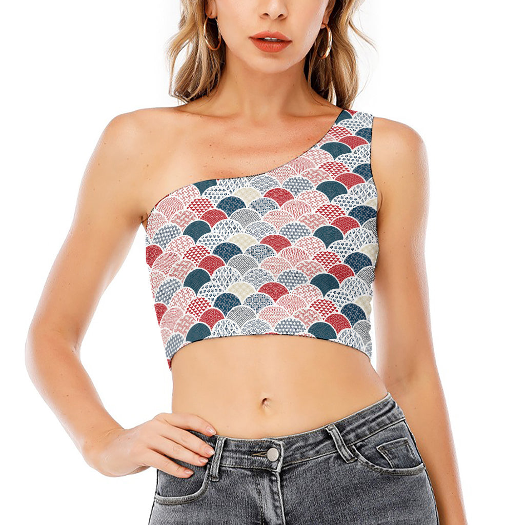 Japanese Geometric Pattern Print One Shoulder Crop Top