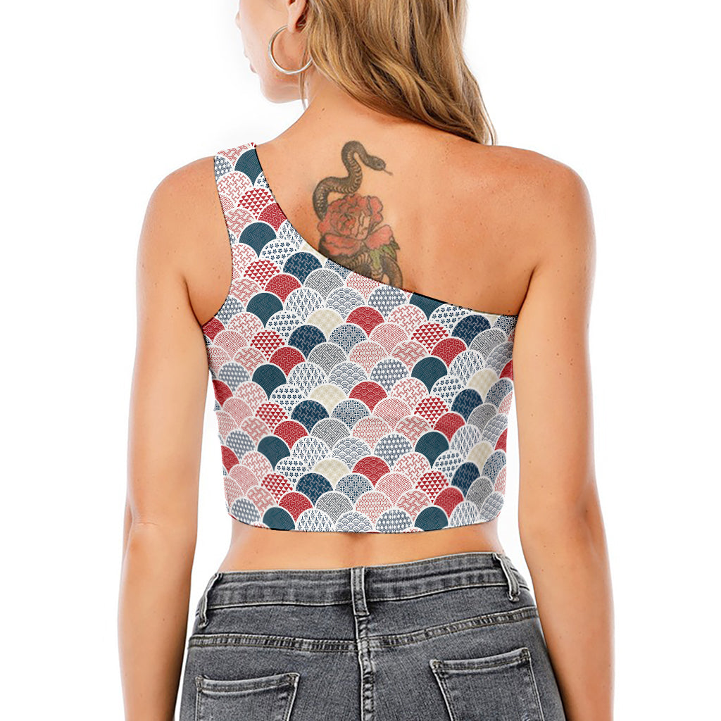 Japanese Geometric Pattern Print One Shoulder Crop Top
