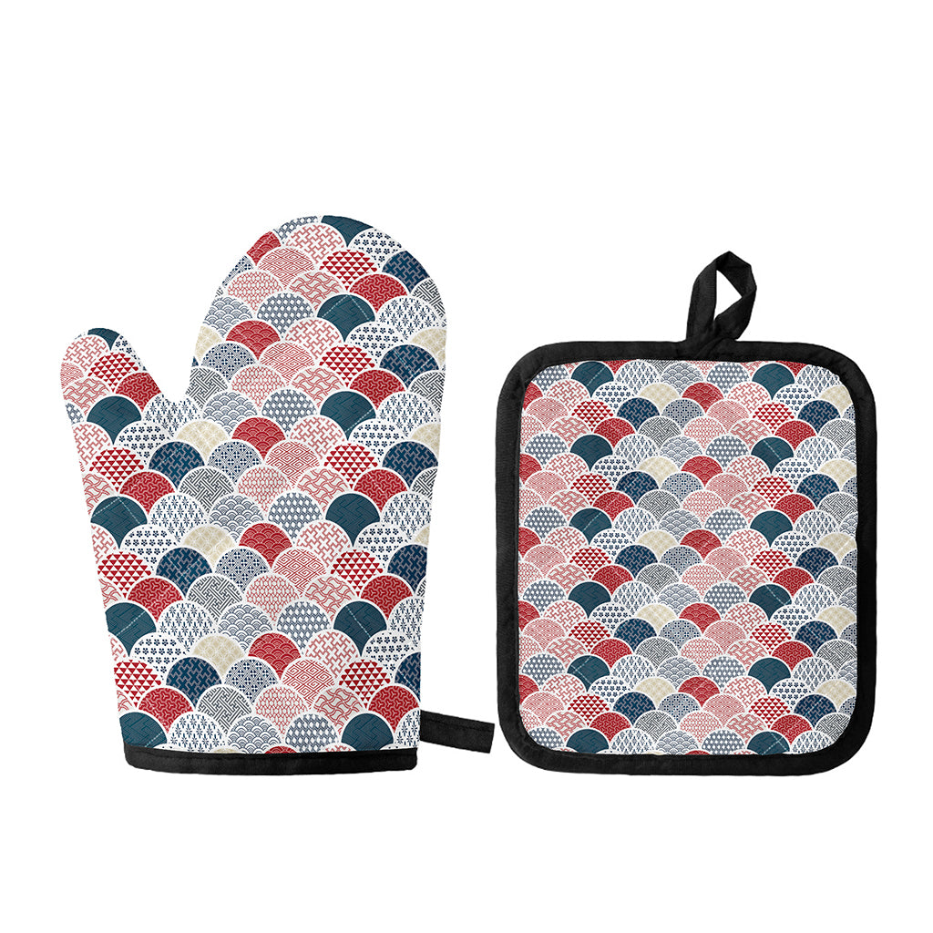 Japanese Geometric Pattern Print Oven Mitt And Pot Holder Set