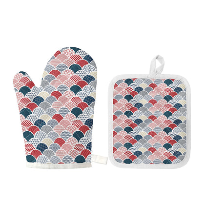 Japanese Geometric Pattern Print Oven Mitt And Pot Holder Set