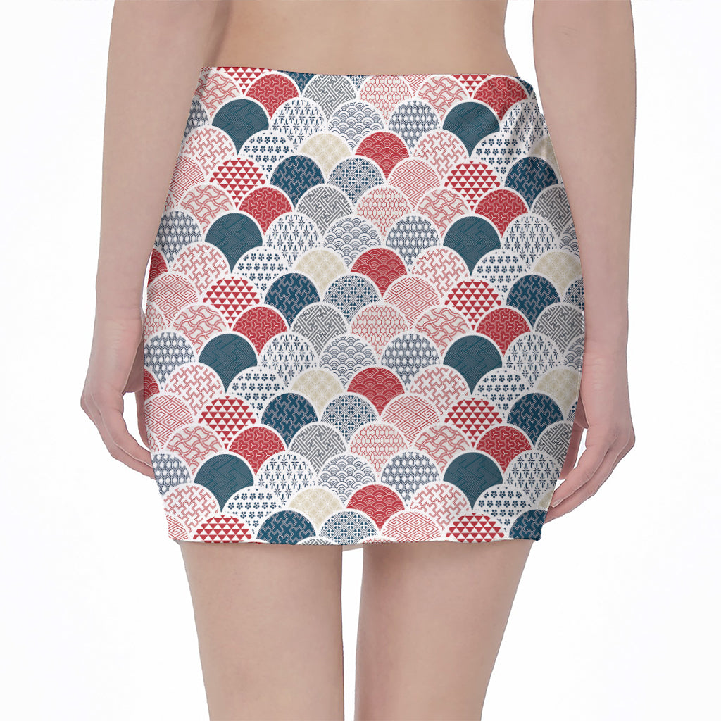 Japanese Geometric Pattern Print Pencil Mini Skirt
