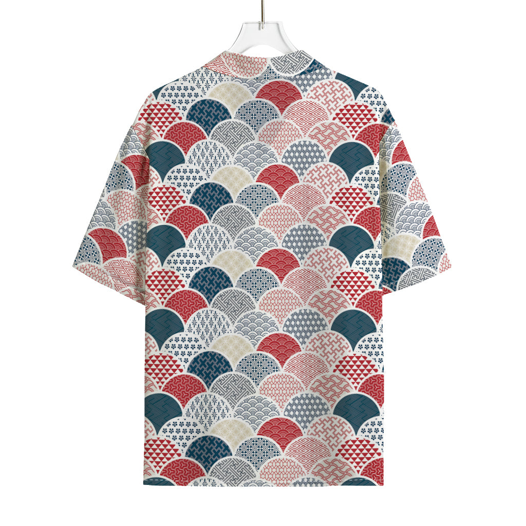 Japanese Geometric Pattern Print Rayon Hawaiian Shirt
