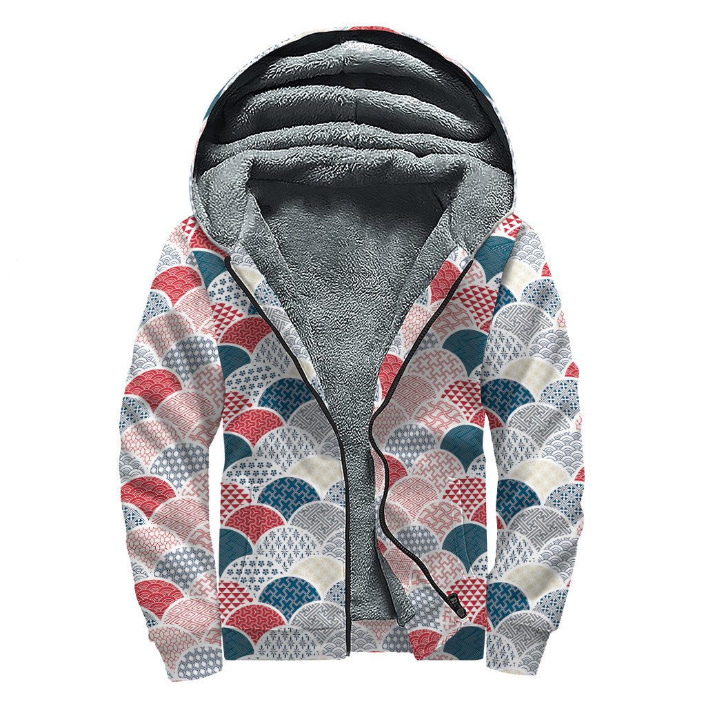 Japanese Geometric Pattern Print Sherpa Lined Zip Up Hoodie