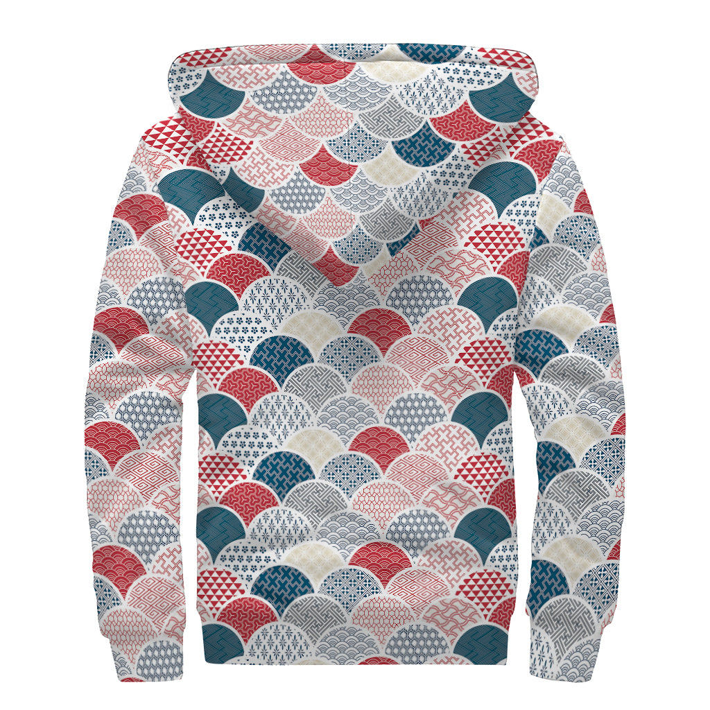 Japanese Geometric Pattern Print Sherpa Lined Zip Up Hoodie