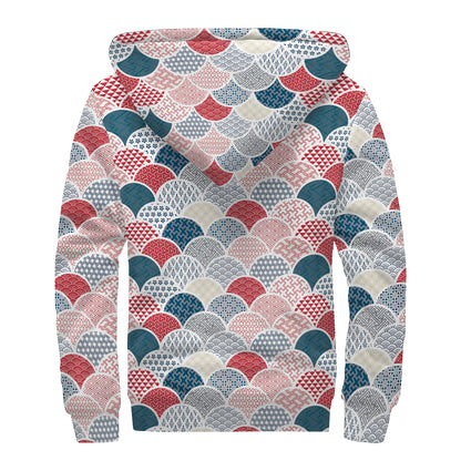 Japanese Geometric Pattern Print Sherpa Lined Zip Up Hoodie