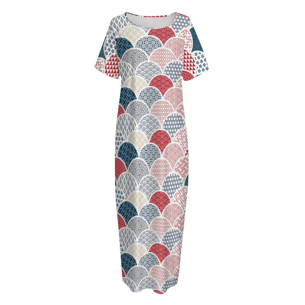 Japanese Geometric Pattern Print Short Sleeve Long Nightdress