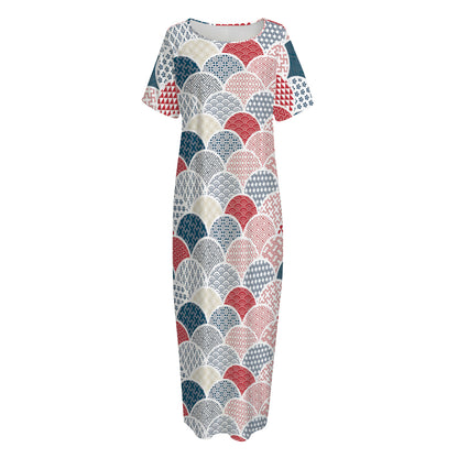 Japanese Geometric Pattern Print Short Sleeve Long Nightdress