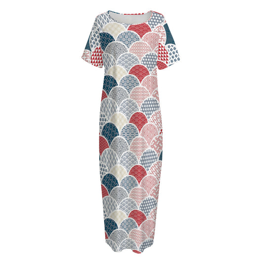 Japanese Geometric Pattern Print Short Sleeve Long Nightdress