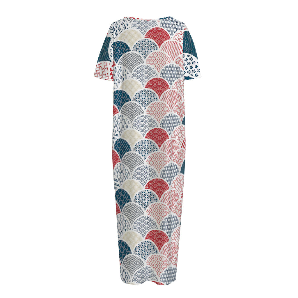 Japanese Geometric Pattern Print Short Sleeve Long Nightdress