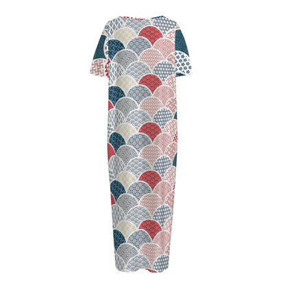 Japanese Geometric Pattern Print Short Sleeve Long Nightdress