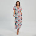 Japanese Geometric Pattern Print Short Sleeve Maxi Dress