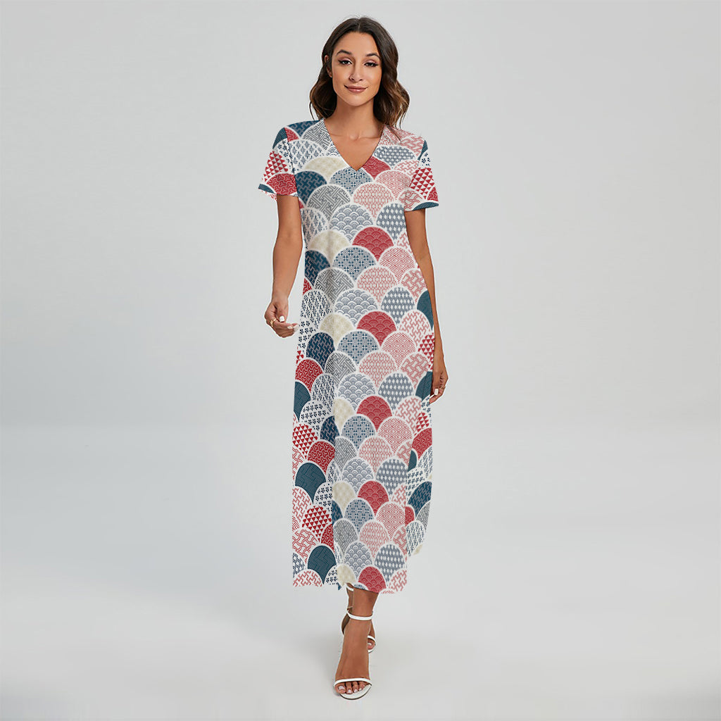 Japanese Geometric Pattern Print Short Sleeve Maxi Dress