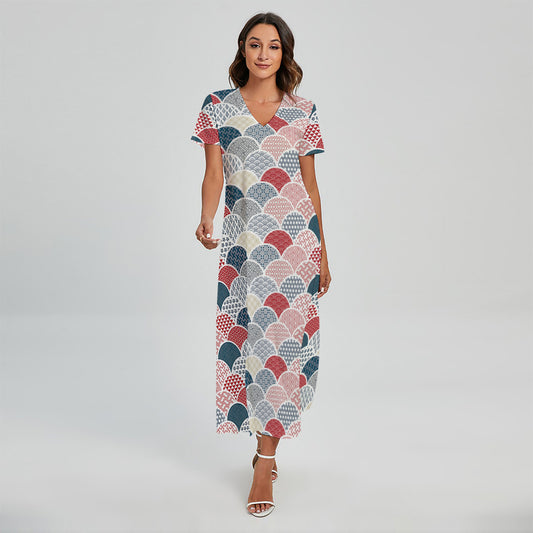 Japanese Geometric Pattern Print Short Sleeve Maxi Dress