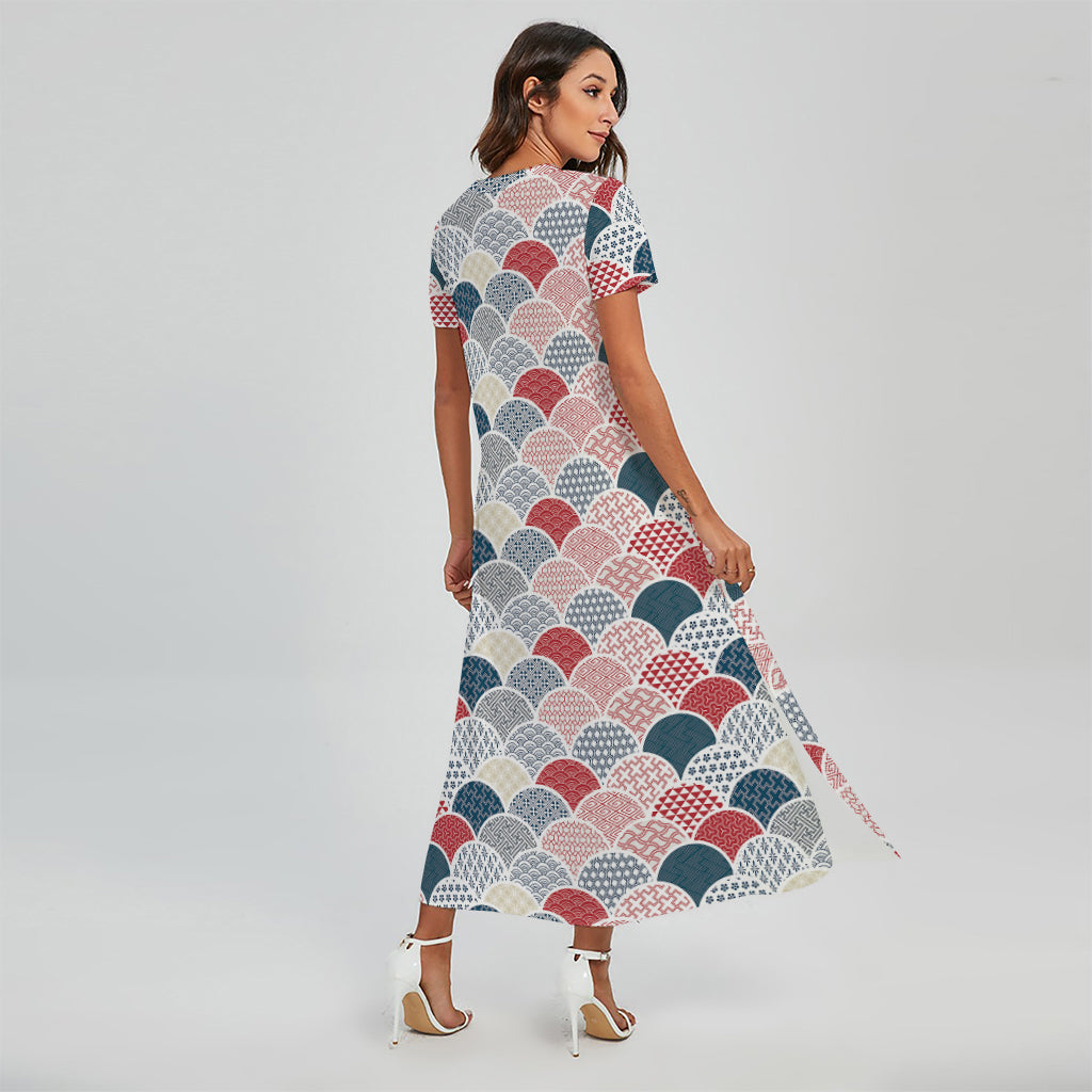 Japanese Geometric Pattern Print Short Sleeve Maxi Dress