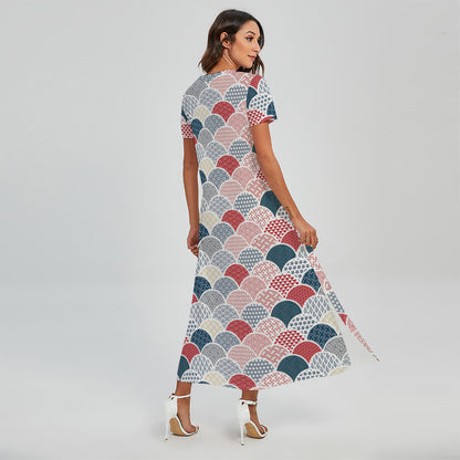 Japanese Geometric Pattern Print Short Sleeve Maxi Dress