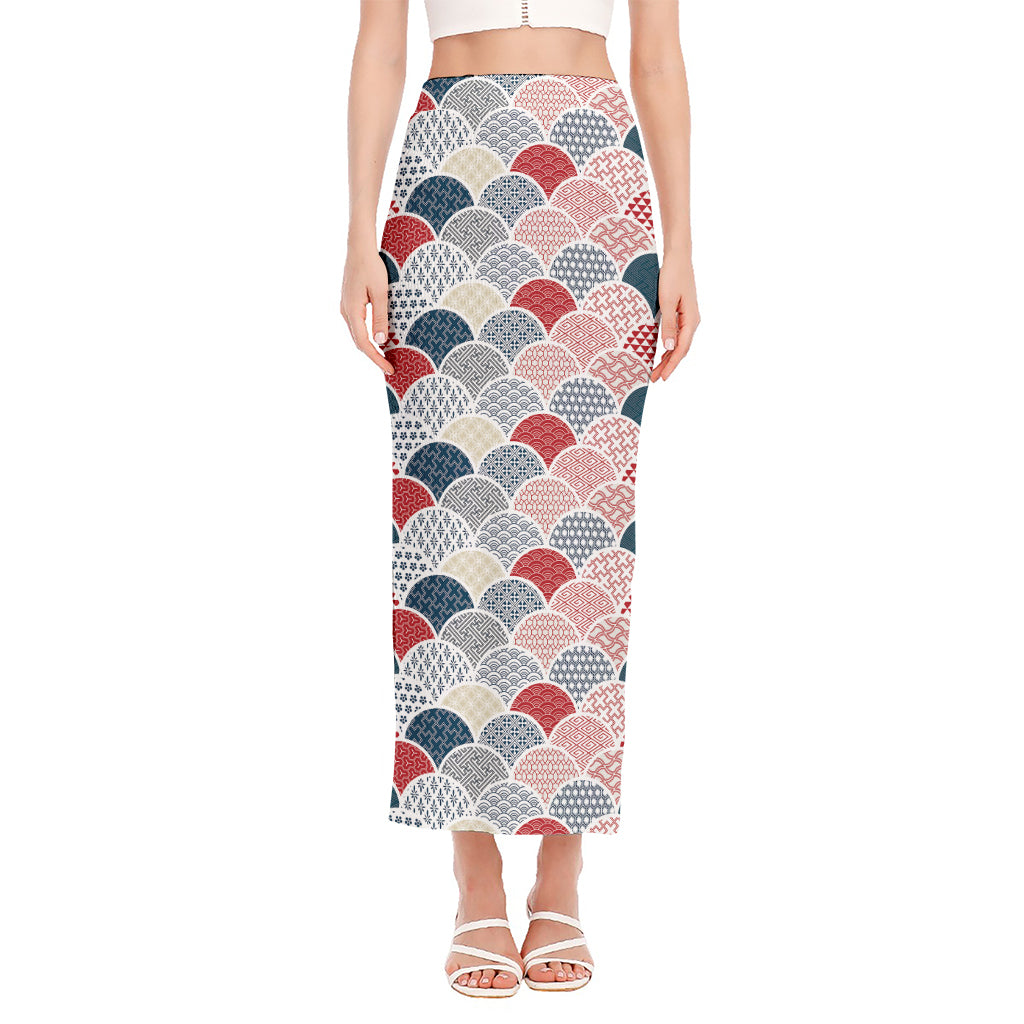 Japanese Geometric Pattern Print Side Slit Maxi Skirt