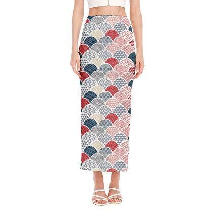 Japanese Geometric Pattern Print Side Slit Maxi Skirt