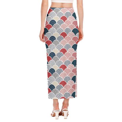 Japanese Geometric Pattern Print Side Slit Maxi Skirt