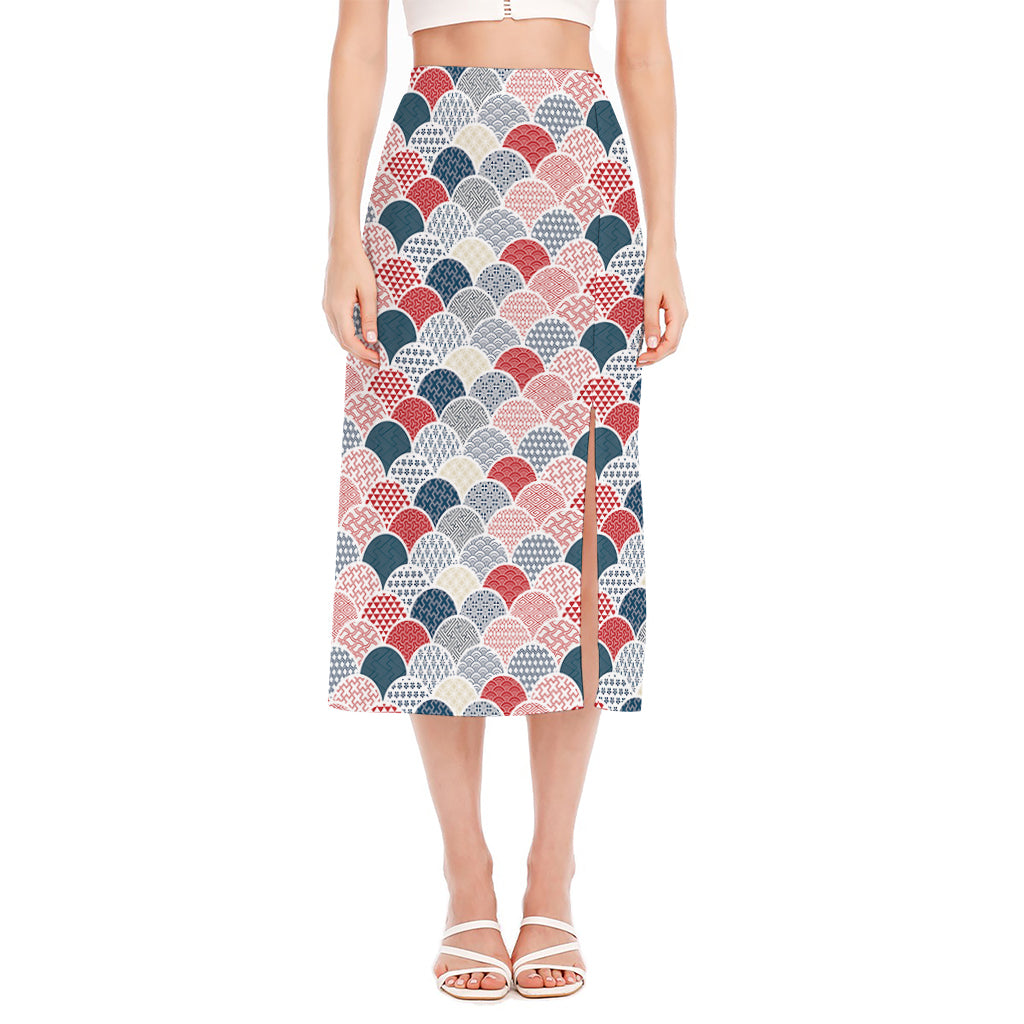 Japanese Geometric Pattern Print Side Slit Midi Skirt