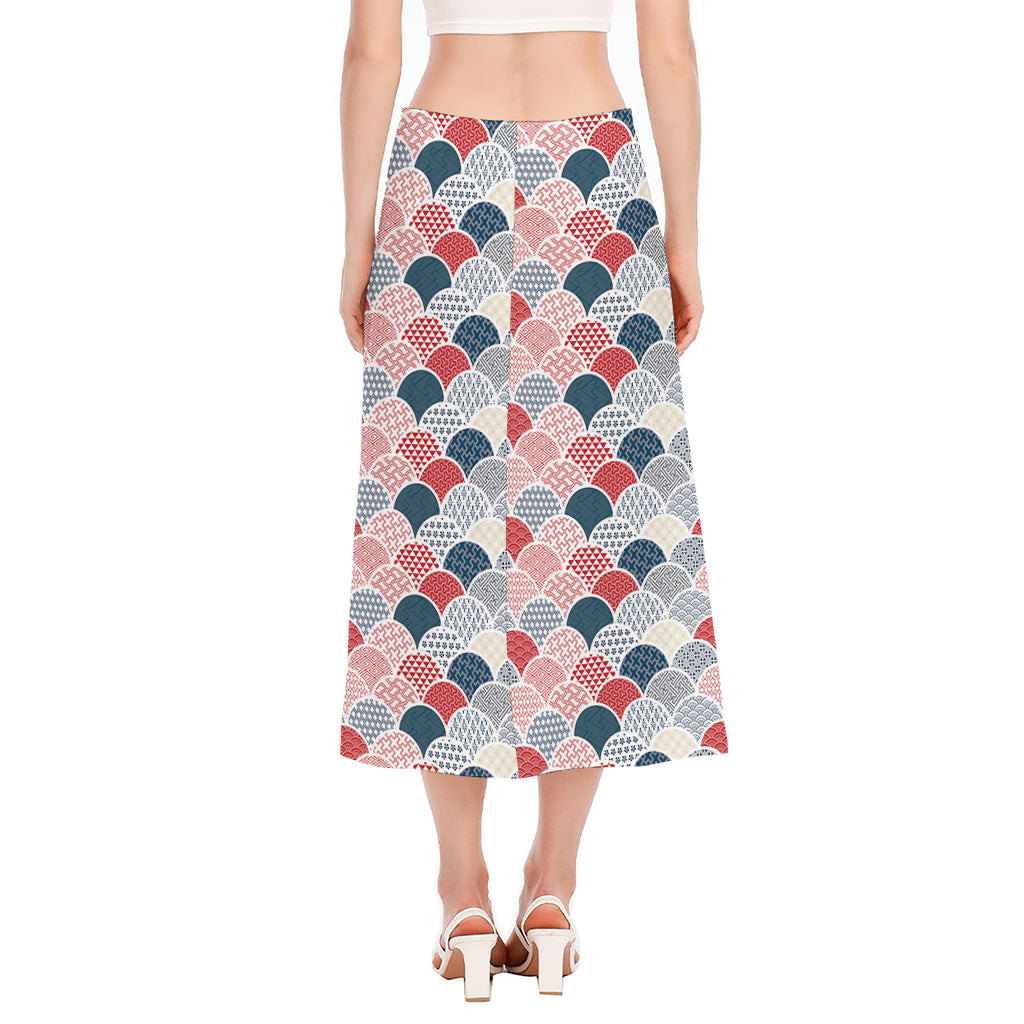 Japanese Geometric Pattern Print Side Slit Midi Skirt