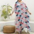 Japanese Geometric Pattern Print Silk V-Neck Kaftan Dress