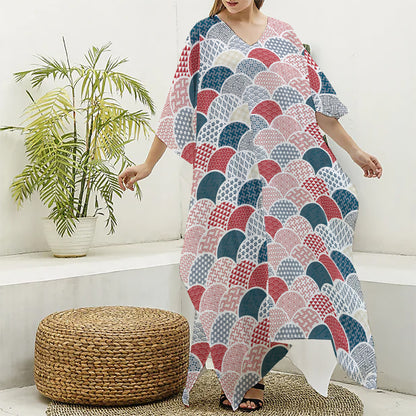 Japanese Geometric Pattern Print Silk V-Neck Kaftan Dress