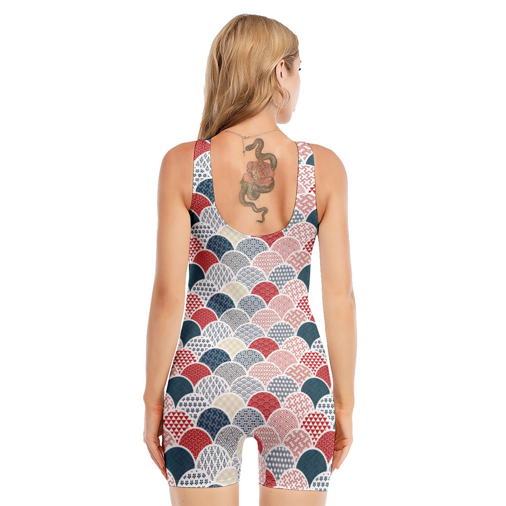 Japanese Geometric Pattern Print Sleeveless One Piece Swimsuit