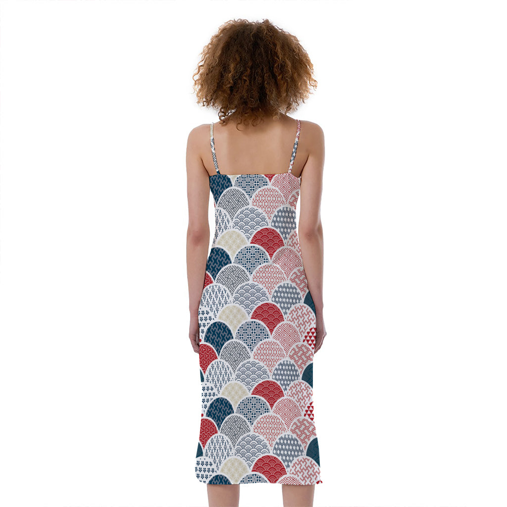 Japanese Geometric Pattern Print Slim Fit Midi Cami Dress