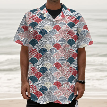 Japanese Geometric Pattern Print Textured Short Sleeve Shirt