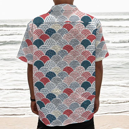 Japanese Geometric Pattern Print Textured Short Sleeve Shirt
