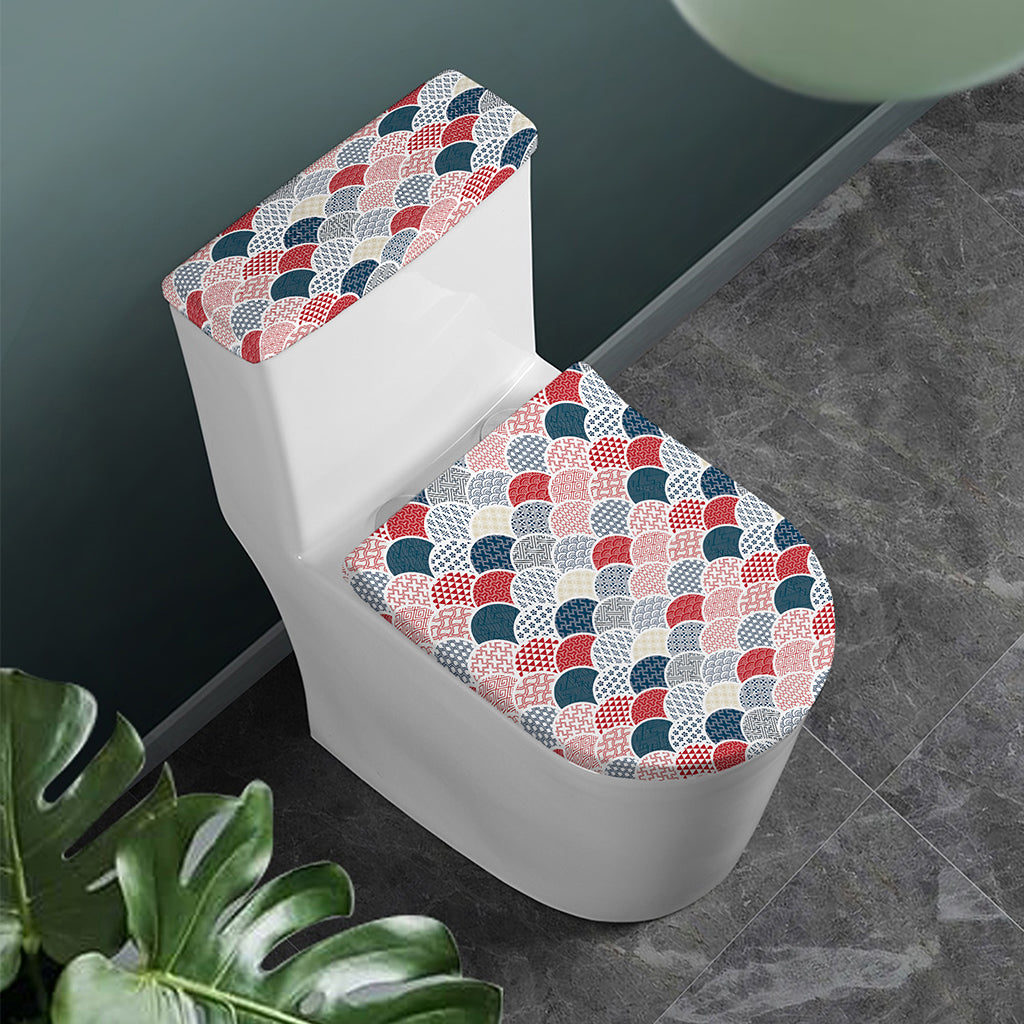 Japanese Geometric Pattern Print Toilet Lid And Tank Cover Set