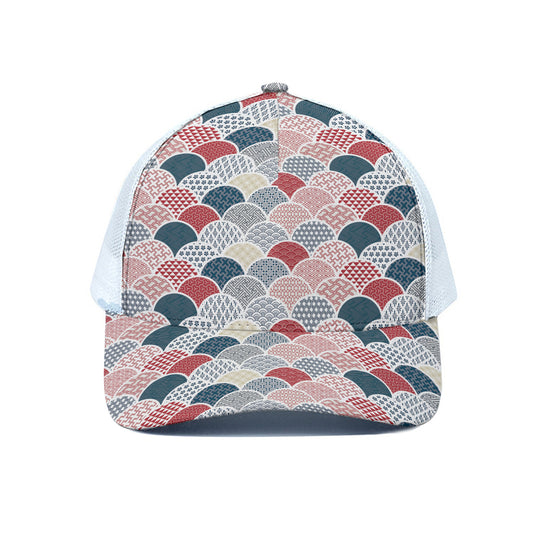 Japanese Geometric Pattern Print White Mesh Trucker Cap