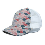 Japanese Geometric Pattern Print White Mesh Trucker Cap