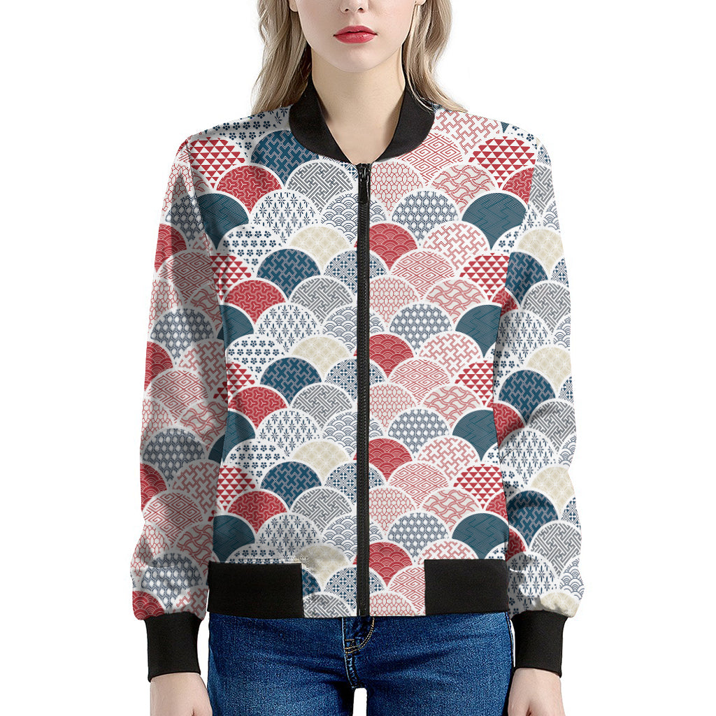 Japanese Geometric Pattern Print Women's Bomber Jacket