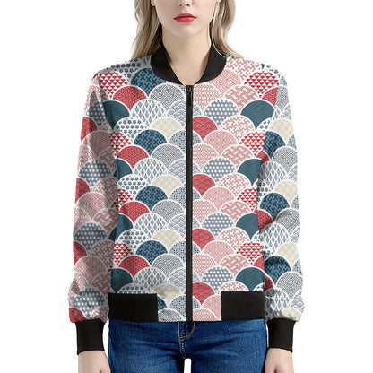 Japanese Geometric Pattern Print Women's Bomber Jacket