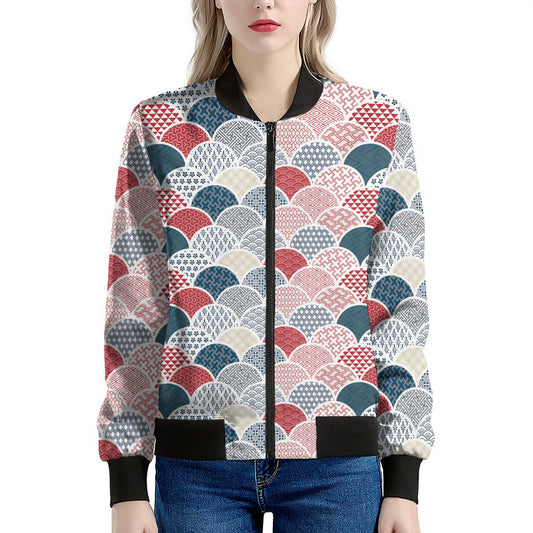 Japanese Geometric Pattern Print Women's Bomber Jacket