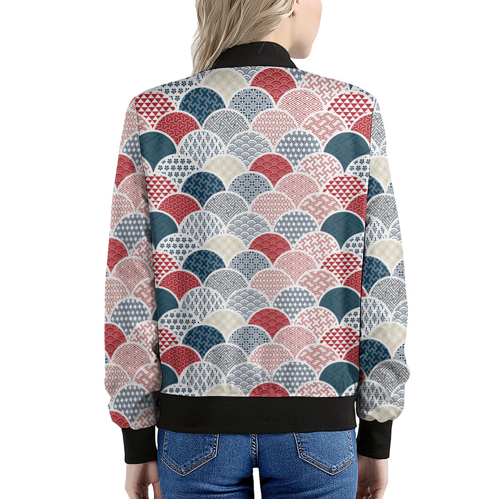 Japanese Geometric Pattern Print Women's Bomber Jacket