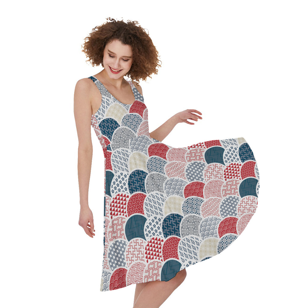 Japanese Geometric Pattern Print Women's Sleeveless Dress
