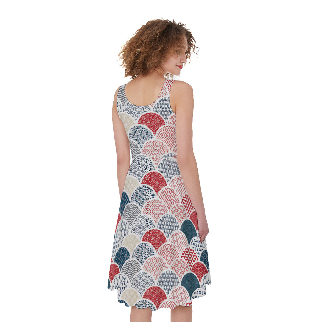 Japanese Geometric Pattern Print Women's Sleeveless Dress