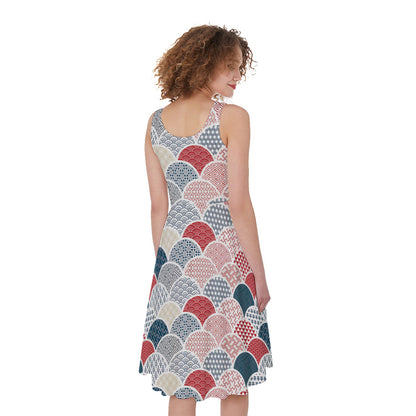 Japanese Geometric Pattern Print Women's Sleeveless Dress