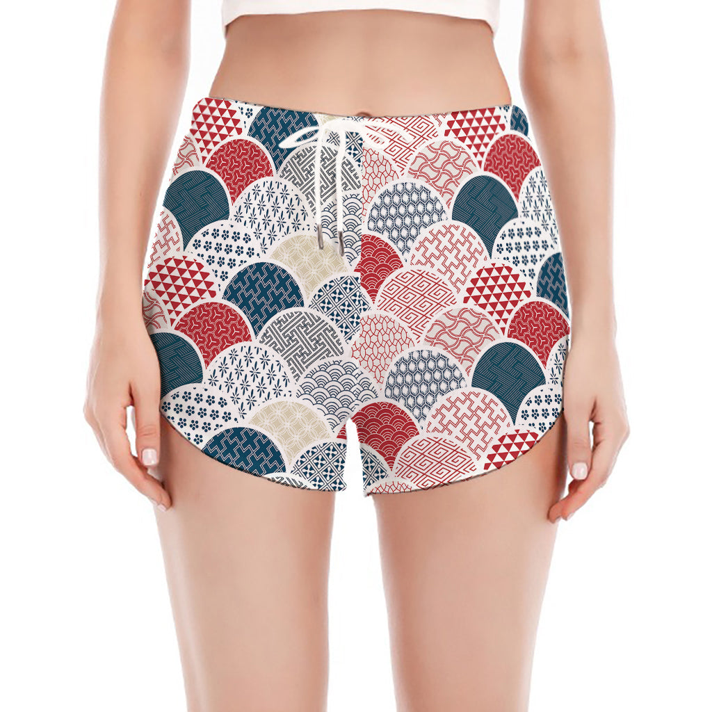 Japanese Geometric Pattern Print Women's Split Running Shorts