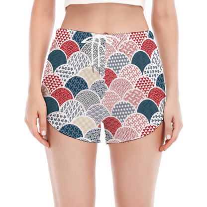 Japanese Geometric Pattern Print Women's Split Running Shorts