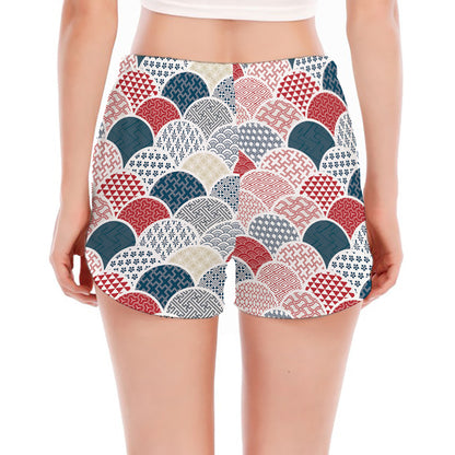 Japanese Geometric Pattern Print Women's Split Running Shorts