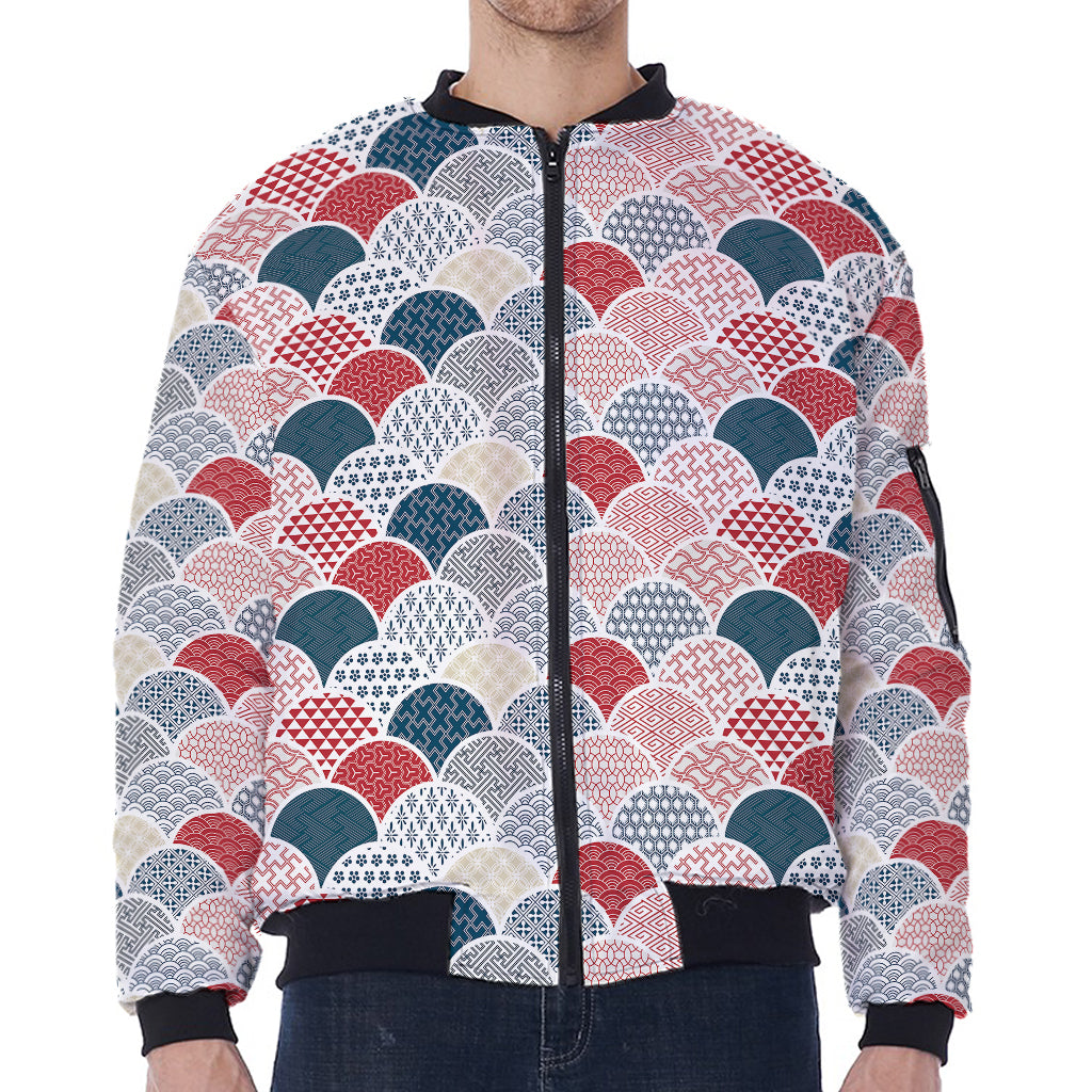 Japanese Geometric Pattern Print Zip Sleeve Bomber Jacket